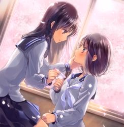 Rule 34 | 2girls, black sailor collar, black skirt, blue neckerchief, blush, cherry blossoms, closed mouth, commentary request, dutch angle, eye contact, grey shirt, hand on another&#039;s face, highres, holding, indoors, kuga tsukasa, long sleeves, looking at another, multiple girls, neckerchief, original, petals, pleated skirt, profile, purple eyes, purple hair, sailor collar, school uniform, serafuku, shirt, sitting, skirt, sleeves past wrists, smile, standing, window