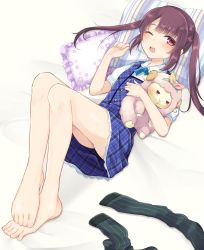 Rule 34 | 1girl, bare legs, barefoot, bed sheet, blue dress, blue neckerchief, blush, collared shirt, commission, dress, feet, full body, hand up, highres, knees up, lace trim, legs, legs together, long hair, looking at viewer, lying, neckerchief, on back, ongeki, open mouth, pillow, plaid, plaid dress, puffy short sleeves, puffy sleeves, purple eyes, purple hair, shinonome tsumugi, shiny skin, shirt, short sleeves, skeb commission, sleeveless, sleeveless dress, socks, solo, striped clothes, striped socks, stuffed animal, stuffed sheep, stuffed toy, thighs, tkd dadada, toes, twintails, unworn kneehighs, unworn legwear, upper body, vertical stripes, white shirt