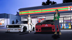 2girls 7-eleven absurdres ad amoemo black_hair breasts brown_shoes building car commentary commission crop_top dark-skinned_female dark_skin full_body glasses gojek green_jacket grey_pants highres jacket long_sleeves looking_at_viewer medium_breasts mitsubishi mitsubishi_eclipse mitsubishi_motors motor_vehicle multiple_girls nissan nissan_sunny open_clothes open_jacket original outdoors pants pepsi pirelli ponytail product_placement shadow shell_(company) shoes standing vehicle_focus white_jacket white_pants white_shoes