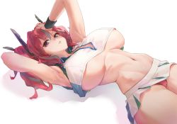 Rule 34 | 1girl, areola slip, arm behind back, armpits, arms up, azur lane, bare shoulders, breasts, breasts apart, bremerton (azur lane), bremerton (scorching-hot training) (azur lane), collared shirt, commentary, covered erect nipples, cowboy shot, crop top, dutch angle, green skirt, grey hair, groin, hair between eyes, hair intakes, hair ornament, hand on own forehead, large breasts, long hair, looking at viewer, lying, multicolored hair, navel, no mole, official alternate costume, on back, panties, pantyshot, parted lips, pink eyes, pink hair, pink panties, shadow, shirt, sidelocks, simple background, skindentation, skirt, sleeveless, sleeveless shirt, solo, sportswear, stomach, streaked hair, sweat, tennis uniform, twintails, two-tone hair, two-tone shirt, two-tone skirt, underboob, underwear, white background, white shirt, white skirt, wonchun, wristband