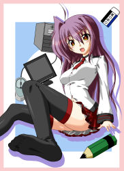 Rule 34 | 1girl, bad id, bad pixiv id, black thighhighs, blush, breasts, computer, eraser, feet, fuyuno taka, highres, long hair, monitor, no shoes, open mouth, original, oversized object, pencil, purple hair, skirt, smile, soles, solo, thighhighs, toes, tombow mono