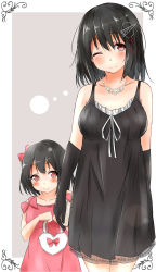 Rule 34 | 10s, 2girls, absurdres, aged down, bag, bare shoulders, black dress, black gloves, black hair, blush, bow, dress, elbow gloves, gloves, haguro (kancolle), hair bow, hair ornament, hairclip, handbag, heart, highres, if they mated, jewelry, kantai collection, looking at viewer, mother and daughter, multiple girls, necklace, one eye closed, pink dress, red eyes, saku (kudrove), smile