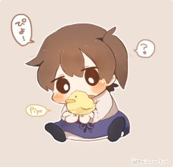 Rule 34 | 10s, 1girl, ?, animal, animal on hand, bird, blush, brown background, brown hair, chibi, chick, ina (1813576), japanese clothes, kaga (kancolle), kantai collection, long sleeves, side ponytail, simple background, sitting, solo, spoken question mark, twitter username, aged down