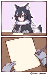 Rule 34 | 10s, 1girl, animal ears, black hair, blue eyes, breasts, disco brando, fur collar, gloves, grey wolf (kemono friends), heterochromia, highres, kemono friends, light smile, long hair, looking down, multicolored hair, musical note, necktie, pen, solo, tail, template, two-tone hair, wolf ears, wolf tail, yellow eyes