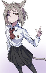 Rule 34 | 1girl, absurdres, alternate costume, animal ear fluff, animal ears, black sclera, black skirt, brown eyes, brown hair, colored sclera, colored skin, commentary request, heterochromia, highres, mismatched sclera, multicolored skin, original, pantyhose, purple eyes, purple skin, school uniform, shirt, short hair, skirt, slit pupils, solo, tail, two-tone skin, white shirt, yuritopia