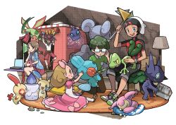 Rule 34 | 2girls, 3boys, :d, ^ ^, aarune (pokemon), absurdres, black eyes, brendan (pokemon), brown footwear, brown hair, brown pants, carpet, cave, closed eyes, closed mouth, collared shirt, computer, creatures (company), cushion, dress, fairy tale girl (pokemon), flag, flygon, game freak, gen 1 pokemon, gen 2 pokemon, gen 3 pokemon, gen 5 pokemon, ghost, glasses, green shirt, grey eyes, grey hair, happy, hat, heart, highres, holding, holding flag, holding stuffed toy, kneeling, lampshade, lapras, laptop, lass (pokemon), litwick, looking at another, looking at viewer, lying, medium hair, minun, mudkip, multiple boys, multiple girls, nintendo, official art, on ground, on lap, on stomach, open mouth, pants, pink dress, plusle, pokemon, pokemon (creature), pokemon on lap, pokemon oras, red shorts, sableye, school kid (pokemon), secret base (pokemon), shirt, shoes, shorts, shuppet, sitting, skitty, sleeping, smile, smoochum, standing, standing on one leg, stuffed toy, sugimori ken, tent, transparent background, treecko, white headwear
