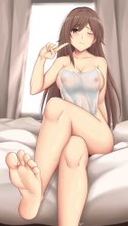 Rule 34 | 1girl, ;), alternate breast size, alternate hairstyle, arcie albano, azur lane, barefoot, bed, blush, breasts, brown eyes, brown hair, cleavage, commentary request, covering privates, curtains, day, feet, hair down, highres, indoors, large breasts, legs, long hair, nipples, nude, nude cover, on bed, one eye closed, parted bangs, see-through, sitting, smile, soles, solo, sweat, sweatdrop, toes, very long hair, wet towel, zuikaku (azur lane)