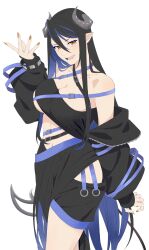 Rule 34 | 1girl, akitetsu, bandeau, belt, black bandeau, black belt, black hair, black jacket, black skirt, blue belt, blue hair, blush, breasts, brown eyes, brown nails, chest belt, cleavage, collarbone, cowboy shot, curled horns, demon girl, demon horns, demon tail, fangs, fingernails, grey horns, hair between eyes, hand up, hebiyoi tier, hebiyoi tier (1st costume), highres, hip vent, horns, jacket, large breasts, long bangs, long hair, long sleeves, looking at viewer, multicolored hair, nail polish, nanashi inc., navel, off shoulder, open clothes, open jacket, open mouth, pointy ears, sidelocks, simple background, skirt, slit pupils, smile, solo, tail, two-tone hair, virtual youtuber, white background