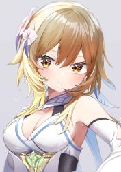 Rule 34 | 1girl, :t, bare shoulders, blonde hair, blush, breasts, brown eyes, cleavage, closed mouth, commentary request, dress, flower, genshin impact, grey background, hair between eyes, hair flower, hair ornament, highres, kamioka shun&#039;ya, long hair, looking at viewer, lumine (genshin impact), medium breasts, pout, sidelocks, simple background, sleeveless, sleeveless dress, solo, white dress, white flower