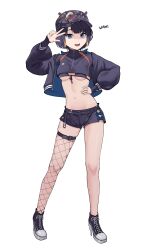 Rule 34 | 1girl, absurdres, badge, baseball cap, bikini, bikini under clothes, black bikini, black jacket, black shirt, black shorts, blue eyes, breasts, button badge, camouflage, camouflage headwear, cosplay, cropped jacket, cropped shirt, extra ears, fate/grand order, fate (series), fishnet thighhighs, fishnets, front-tie top, full body, hat, high heels, highres, hololive, hololive english, jacket, long sleeves, looking at viewer, navel, ninomae ina&#039;nis, open clothes, open jacket, open mouth, orange hair, purple hair, shift (shiftillust), shirt, short hair, shorts, side slit, single thighhigh, small breasts, smile, swimsuit, tentacle hair, thighhighs, virtual youtuber, w over eye, wah, yang guifei (event portrait) (fate), yang guifei (fate), yang guifei (fate) (cosplay)