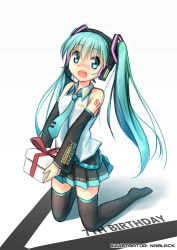 Rule 34 | 1girl, artist name, detached sleeves, gift, green eyes, green hair, hatsune miku, headset, kneeling, kuro-kun (nablack), long hair, matching hair/eyes, necktie, open mouth, skirt, solo, thighhighs, twintails, very long hair, vocaloid, white background