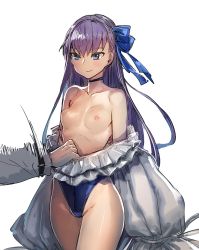Rule 34 | 1boy, 1girl, assisted exposure, black choker, blue eyes, blue one-piece swimsuit, blue ribbon, blush, bow (bhp), breasts, breasts out, casual one-piece swimsuit, choker, closed mouth, clothes pull, collarbone, cowboy shot, fate/grand order, fate (series), frilled swimsuit, frills, fujimaru ritsuka (male), groin, hair ribbon, highleg, highleg swimsuit, long hair, long sleeves, meltryllis, meltryllis (fate), meltryllis (swimsuit lancer) (fate), meltryllis (swimsuit lancer) (second ascension) (fate), motion blur, nipples, one-piece swimsuit, one-piece swimsuit pull, out of frame, petite, puffy long sleeves, puffy sleeves, pulling another&#039;s clothes, purple hair, revision, ribbon, simple background, sleeves past fingers, sleeves past wrists, small breasts, smile, solo focus, swimsuit, thighs, topless, very long hair, white background