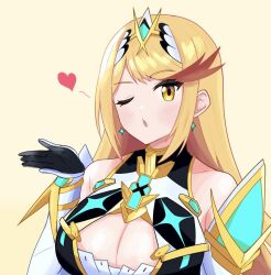 Rule 34 | 1girl, bare shoulders, blonde hair, blowing kiss, blush, breasts, chest jewel, cleavage, cleavage cutout, clothing cutout, commentary request, dress, earrings, elbow gloves, frieren blowing a kiss (meme), gloves, heart, highres, jewelry, large breasts, long hair, looking at viewer, meme, mythra (xenoblade), one eye closed, open mouth, plum ssbu, swept bangs, white gloves, xenoblade chronicles (series), xenoblade chronicles 2, yellow eyes