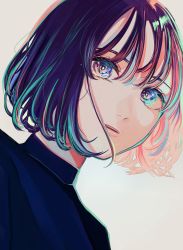 Rule 34 | 1girl, absurdres, black hair, black shirt, blue eyes, commentary, english commentary, highres, looking at viewer, original, parted lips, portrait, richard-kun, shirt, short hair, simple background, white background