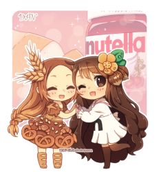 Rule 34 | 2girls, :d, ^ ^, artist name, blush, boots, bread, brown dress, brown eyes, brown footwear, brown hair, brown legwear, chibi, closed eyes, dav-19, dress, food, food-themed clothes, food-themed hair ornament, full body, hair ornament, holding hands, lace background, long hair, long sleeves, looking at viewer, looking to the side, multiple girls, nutella, open mouth, original, parted bangs, personification, pleated skirt, puffy long sleeves, puffy short sleeves, puffy sleeves, sailor collar, school uniform, serafuku, shirt, short sleeves, skirt, smile, standing, standing on one leg, thighhighs, transparent background, very long hair, watermark, web address, white sailor collar, white serafuku, white shirt, white skirt