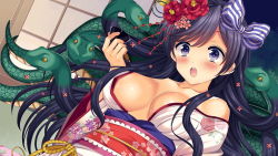 Rule 34 | 1girl, artist request, black hair, blush, bow, breasts, cup, flower, game cg, hair bow, hair flower, hair ornament, holding, holding cup, japanese clothes, kagachi (monster musume), kimono, long hair, looking at viewer, medium breasts, monster musume no iru nichijou, monster musume no iru nichijou online, obi, official art, open mouth, purple eyes, red flower, sakazuki, sash, scales, snake hair, solo, yukata