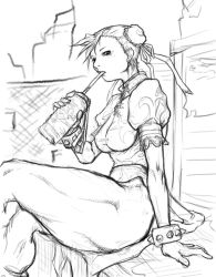 Rule 34 | 1girl, bracelet, breasts, bun cover, capcom, china dress, chinese clothes, chun-li, double bun, dress, drink, greyscale, hair ribbon, jewelry, crossed legs, monochrome, narumero, pantyhose, pelvic curtain, ribbon, short hair, drinking, sitting, solo, spiked bracelet, spikes, street fighter, thick thighs, thighs