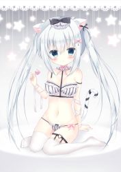 Rule 34 | 1girl, :o, absurdres, animal ears, arm support, bad id, bad pixiv id, bandaged arm, bandages, bare shoulders, black bow, black ribbon, blue eyes, blush, bow, bow panties, bra, breasts, cameltoe, candy, cat ears, cat girl, cat tail, collarbone, commentary request, fingernails, food, frilled bra, frilled panties, frills, hair between eyes, hair bow, highres, holding, holding candy, holding food, holding lollipop, lollipop, long hair, looking at viewer, medium breasts, navel, no shoes, original, panties, parted lips, pink bow, ribbon, saeki sora, sidelocks, silver hair, sitting, solo, star (symbol), strap slip, striped bra, striped clothes, striped panties, tail, tail ornament, tail ribbon, themed object, thighhighs, twintails, underwear, underwear only, vertical-striped bra, vertical-striped clothes, vertical-striped panties, very long hair, wariza, white thighhighs