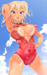 Rule 34 | 1girl, arm up, bikini tan, blonde hair, blush, breasts, cafe-chan to break time, cloud, covered erect nipples, covered navel, day, front zipper swimsuit, hair ornament, hairclip, hand on own hip, highres, large breasts, looking at viewer, meme attire, one-piece swimsuit, open mouth, porurin (do-desho), red eyes, red one-piece swimsuit, short hair, sky, solo, sparkle, standing, swimsuit, tan, tanline, tea (cafe-chan to break time), wet