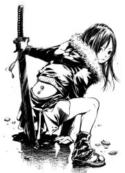 Rule 34 | 1girl, greyscale, haku (artist), haku (sabosoda), katana, long hair, monochrome, original, solo, sword, tattoo, weapon