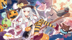 Rule 34 | 1girl, absurdres, alternate costume, azur lane, bad id, bad pixiv id, black cat, breasts, broom, broom riding, candy, cannon, cat, cloud, collarbone, derivative work, erebus (azur lane), food, full moon, ghost, halloween, hat, highres, jack-o&#039;-lantern, kiriko (araragikoyomi), long hair, looking at viewer, moon, navel, pumpkin, red eyes, ribbon, solo, staff, striped clothes, striped thighhighs, thighhighs, weapon, white hair, witch hat