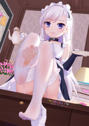 Rule 34 | 1girl, aged down, apron, azur lane, belfast (azur lane), blush, braid, chain, collar, collarbone, commander (azur lane), dress, feet, foot focus, french braid, frills, gloves, highres, holding another&#039;s foot, little bel (azur lane), long hair, looking at viewer, maid, maid headdress, no shoes, purple eyes, smile, soles, thighhighs, white gloves, white hair, white thighhighs, xiao shi lullaby