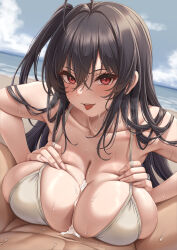 Rule 34 | 1boy, 1girl, :p, absurdres, azur lane, bikini, black hair, blush, breast suppress, breasts, cleavage, commentary request, cum, grabbing own breast, highres, large breasts, long hair, looking at viewer, momo no sukebe, official alternate costume, paizuri, parted lips, solo focus, swimsuit, taihou (azur lane), taihou (seaside daydreams) (azur lane), tongue, tongue out, water, white bikini