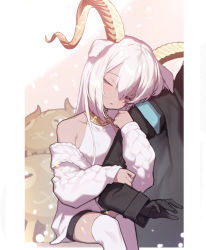 Rule 34 | 1boy, 1girl, animal ears, arknights, arm hug, bare shoulders, beeswax (arknights), beudelb, black gloves, black jacket, black shorts, blush, breasts, closed eyes, closed mouth, collarbone, doctor (arknights), dress, facing viewer, gloves, goat ears, goat horns, hair between eyes, highres, horns, jacket, jewelry, light particles, long hair, long sleeves, microdress, neck ring, off shoulder, short shorts, shorts, sitting, sleeping, sleeveless, sleeveless dress, sleeves past wrists, small breasts, solo focus, sweater, thighhighs, white dress, white hair, white sweater, white thighhighs