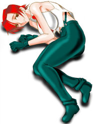 Rule 34 | 1girl, closed mouth, crop top, cropped shirt, green footwear, green pants, light smile, lying, mature female, midriff, mokkouyou bond, necktie, non-web source, on side, pants, pinstripe pants, pinstripe pattern, red eyes, red hair, red necktie, short hair, sleeveless, snk, striped, the king of fighters, vanessa (kof)