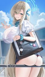 Rule 34 | 1girl, absurdres, ass, asuna (blue archive), blue archive, blue eyes, breasts, highres, jeze, large breasts, light brown hair, long hair, looking at viewer, outdoors, smile, solo