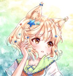 Rule 34 | 1girl, animal ears, bad id, bad pixiv id, blonde hair, blue bow, blue hair, blush, bow, brown eyes, brown neckwear, collarbone, commentary request, ear ribbon, fingernails, gradient hair, green bow, hair between eyes, hair ornament, hand up, long hair, looking away, looking to the side, multicolored hair, nami (nyaa), original, parted lips, portrait, shirt, short sleeves, signature, solo, star (symbol), star hair ornament, white shirt