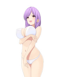 Rule 34 | 1girl, absurdres, arm under breasts, bare arms, bare legs, bikini, blush, breasts, brown eyes, cleavage, covered erect nipples, highres, large breasts, long hair, marui koishi, navel, open mouth, original, purple hair, sidelocks, simple background, smile, smole, solo, standing, swept bangs, swimsuit, white background, white bikini