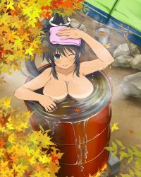 Rule 34 | 10s, 1girl, breasts, female focus, floating breasts, homura (senran kagura), large breasts, long hair, looking at viewer, nude, official art, partially submerged, ponytail, senran kagura, smile, solo, water