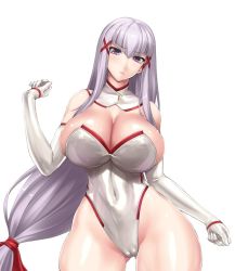 Rule 34 | &gt;:&lt;, 1girl, :&lt;, bare shoulders, blush, breasts, cameltoe, cleavage, clenched hands, closed mouth, covered navel, cowboy shot, curvy, detached collar, elbow gloves, enjou sakuya, frown, gloves, groin, hair ornament, hair ribbon, hairclip, hand up, head tilt, highleg, highleg leotard, hip focus, huge breasts, leotard, long hair, looking at viewer, low-tied long hair, original, purple eyes, ribbon, rindou (radical dream), shiny clothes, shiny skin, sideboob, sidelocks, silver hair, simple background, solo, strapless, strapless leotard, thick thighs, thighhighs, thighs, thong leotard, turtleneck, v-shaped eyebrows, very long hair, white background, white gloves, white thighhighs, wide hips, x hair ornament