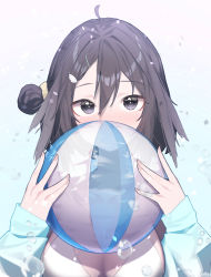 Rule 34 | 1girl, absurdres, ahoge, arknights, ball, beachball, beudelb, bikini, black eyes, black hair, blue jacket, blush, breasts, cleavage, commentary, gradient background, hair between eyes, hair bun, hands up, highres, holding, holding ball, jacket, la pluma (arknights), la pluma (summer flowers) (arknights), large breasts, long sleeves, looking at viewer, official alternate costume, open clothes, open jacket, short hair, solo, swimsuit, white bikini