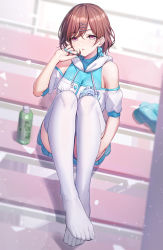 Rule 34 | 1girl, bare shoulders, blue nails, blue skirt, breasts, brown eyes, brown hair, cleavage, commentary request, drawstring, foot focus, full body, hair between eyes, hair ornament, hairclip, hand up, highres, higuchi madoka, hood, hood down, idolmaster, idolmaster shiny colors, knees up, looking at viewer, medium breasts, mole, mole under eye, nail polish, no shoes, off-shoulder shirt, off shoulder, parted lips, pleated skirt, puffy short sleeves, puffy sleeves, ririko (zhuoyandesailaer), shirt, short sleeves, sitting, skirt, solo, thighhighs, white shirt, white thighhighs, x hair ornament