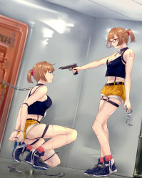 Rule 34 | 2girls, absurdres, arms behind back, at gunpoint, barcode, barcode tattoo, bare legs, blue footwear, bound, breasts, chain, chained, clone, collar, commentary request, cuffs, dagger, door, full body, girls&#039; frontline, glasses, grizzly mkv (girls&#039; frontline), grizzly mkv (weekend cop) (girls&#039; frontline), gun, hair ornament, hair scrunchie, handcuffs, highres, holding, holding gun, holding handcuffs, holding weapon, indoors, injury, knife, l.a.r. manufacturing, lar grizzly win mag, lock, medium breasts, multiple girls, nail polish, navel, number tattoo, official alternate costume, on one knee, padlock, parted bangs, peril, pick&#039;k, purple eyes, red-framed eyewear, reflection, scrunchie, second-party source, short hair, short ponytail, short shorts, shorts, skindentation, standing, tank top, tattoo, thigh strap, tied up, v-shaped eyebrows, weapon, yellow nails, yellow shorts