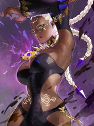 Rule 34 | 1girl, armpits, braid, breasts, dark-skinned female, dark skin, dolores (kof), glasses, green eyes, highres, jewelry, large breasts, multicolored hair, oni gini, snk, solo, tattoo, the king of fighters, the king of fighters xv, two-tone hair