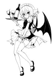 Rule 34 | 1girl, alternate costume, apron, bat wings, blush, bottle, covering privates, covering crotch, cup, drinking glass, embarrassed, enmaided, fkey, frilled apron, frilled skirt, frills, full body, garter straps, greyscale, jpeg artifacts, looking at viewer, maid, maid headdress, mary janes, miniskirt, monochrome, nose blush, puffy short sleeves, puffy sleeves, remilia scarlet, shoes, short hair, short sleeves, simple background, skirt, solo, thighhighs, touhou, tray, vest, waist apron, wine bottle, wine glass, wings, wrist cuffs