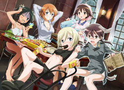 Rule 34 | 5girls, armpits, arms behind back, aura, barefoot, bike shorts, blonde hair, blue eyes, blush, book, brain freeze, breasts, brown eyes, brown hair, chair, charlotte e. yeager, chips (food), cleavage, clothes pull, cup, dutch angle, erica hartmann, feet, food, francesca lucchini, gertrud barkhorn, grin, head scarf, hi-ho-, highres, kettle, medium breasts, midriff, miyafuji yoshika, mouth hold, multiple girls, navel, one eye closed, open mouth, popsicle, potato chips, shirt pull, shorts, sitting, small breasts, smile, snack, strike witches, table, tank top, teacup, turn pale, twintails, underboob, wink, world witches series