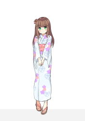 Rule 34 | asa no ha (awayuki), blush, brown hair, flower, full body, green eyes, hair flower, hair ornament, highres, japanese clothes, kimono, long hair, long sleeves, official art, original, own hands together, sandals, simple background, smile, solo, standing, white background, white kimono, x hair ornament