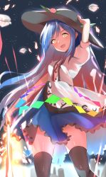 Rule 34 | 1girl, 258n, absurdres, alternate eye color, arm up, blue hair, blue skirt, boots, bow, bowtie, breasts, buttons, collared shirt, commentary, english commentary, fire, food, fruit, grey footwear, grey hat, grey sky, hair between eyes, hand on headwear, hand up, hat, highres, hinanawi tenshi, leaf, long hair, looking at viewer, medium breasts, moon, night, night sky, open mouth, orange eyes, peach, puffy short sleeves, puffy sleeves, rainbow, red bow, red bowtie, shirt, short sleeves, skirt, sky, smile, solo, standing, star (sky), star (symbol), starry sky, sword, touhou, weapon, white shirt