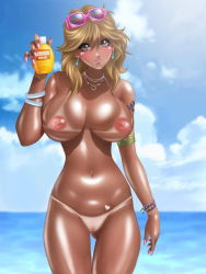 Rule 34 | armlet, blonde hair, blush, breasts, brown eyes, censored, cloud, day, earrings, eyewear on head, fingernails, heart, jewelry, kat&#039;s, large breasts, lipstick, loer, long fingernails, long hair, lotion, makeup, mosaic censoring, nail polish, narrow waist, navel, necklace, nipples, nude, outdoors, pink lips, public indecency, pussy, shiny skin, sky, smile, solo, standing, sunglasses, sunscreen, tan, tanline, tattoo, thigh gap, topfreedom, topless, water, wide hips