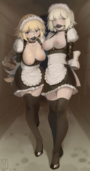 Rule 34 | 2girls, absurdres, alternate costume, apron, arms behind back, ball gag, bdsm, black dress, black legwear, blonde hair, blue eyes, bound, bound arms, braid, breasts, breasts out, collarbone, dress, enmaided, fate/grand order, fate (series), frilled apron, frills, gag, gagged, grey hair, highres, jeanne d&#039;arc (fate), jeanne d&#039;arc (ruler) (fate), jeanne d&#039;arc alter (avenger) (fate), jeanne d&#039;arc alter (fate), kaddo, long braid, long hair, maid, maid apron, maid headdress, medium breasts, multiple girls, nipples, pale skin, puffy short sleeves, puffy sleeves, short dress, short hair, short sleeves, single braid, thighhighs, very long hair, waist apron, white apron, yellow eyes