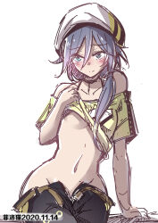 Rule 34 | 1girl, :/, absurdres, artist name, black pants, blue eyes, blue hair, blush, breasts, casual, closed mouth, clothes lift, clothes pull, dated, fei luo mao, fu hua, fu hua (night squire), fu hua (spring traveler), green shirt, grey hair, hair between eyes, hand on ground, hat, highres, honkai (series), honkai impact 3rd, lifting own clothes, long hair, looking at viewer, low-tied long hair, low ponytail, mons pubis, navel, no bra, no panties, off-shoulder shirt, off shoulder, official alternate costume, pants, pants pull, ponytail, shirt, shirt lift, simple background, sitting, small breasts, solo, stomach, white background, white hat