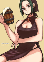 Rule 34 | 1girl, alternate costume, aosora2823, arm under breasts, artist name, beer mug, black dress, black panties, blush, breasts, brown eyes, china dress, chinese clothes, cleavage, cleavage cutout, closed mouth, clothing cutout, commentary, cup, dress, eyelashes, feet out of frame, green hair, head scarf, highres, holding, holding cup, large breasts, looking at viewer, makino (one piece), mug, one piece, panties, panty straps, parted bangs, short hair, side slit, simple background, sitting, sleeveless, sleeveless dress, smile, solo, underwear, yellow background