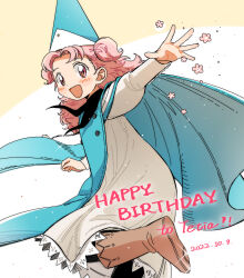 Rule 34 | 1girl, blue hat, boots, brown footwear, character name, cloak, dated, dress, flower, happy birthday, hat, highres, long hair, long sleeves, looking at viewer, open mouth, pink hair, qifrey&#039;s atelier apprentice uniform, smile, solo, tethia (tongari boushi no atelier), tongari boushi no atelier, two side up, white dress, wizard hat, yongji (moli1023)