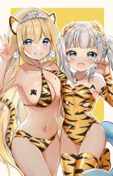 Rule 34 | 2022, 2girls, :d, absurdres, animal ear fluff, animal ears, animal print, armpits, asymmetrical docking, bare arms, bare shoulders, bikini, blonde hair, blue eyes, blue hair, blue nails, blush, body writing, braid, breast press, breasts, chinese zodiac, claw pose, cleavage, collarbone, commentary, criss-cross halter, detached sleeves, earrings, fins, fish tail, gawr gura, grey hair, hair between eyes, halterneck, hand up, highres, hololive, hololive english, jewelry, laurel crown, leotard, long hair, long sleeves, looking at viewer, medium breasts, mole, mole on breast, multicolored hair, multiple girls, nail polish, navel, open mouth, orange bikini, orange leotard, orange thighhighs, outline, print bikini, print legwear, print leotard, rinringyo, sharp teeth, small breasts, smile, strapless, strapless leotard, streaked hair, swimsuit, tail, tail raised, teeth, thighhighs, tiger ears, tiger girl, tiger print, tiger tail, torn clothes, twintails, very long hair, virtual youtuber, w, watson amelia, white outline, year of the tiger