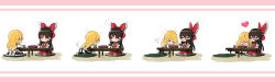 Rule 34 | &gt; &lt;, 2girls, all fours, apron, ascot, black dress, black hair, blonde hair, blush, bow, bowl, brown eyes, commentary request, cup, dress, flying sweatdrops, frilled apron, frilled bow, frills, from behind, hair tubes, hakurei reimu, heart, highres, jitome, kirisame marisa, long hair, long sleeves, looking at another, multiple girls, multiple views, no headwear, parted lips, petticoat, pink background, piyokichi, profile, puffy sleeves, red bow, red dress, ribbon-trimmed sleeves, ribbon trim, shirt, sidelocks, sitting, table, touhou, two-tone background, waist apron, white apron, white background, white shirt, wide sleeves, yellow ascot, yuri