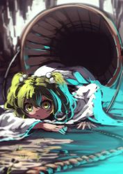 Rule 34 | 1girl, berabou, blurry, blush, bucket, green eyes, green hair, hair bobbles, hair ornament, highres, japanese clothes, kimono, kisume, long sleeves, looking at viewer, lying, matching hair/eyes, on ground, on stomach, rope, solo, touhou, twintails, wide sleeves, yukata